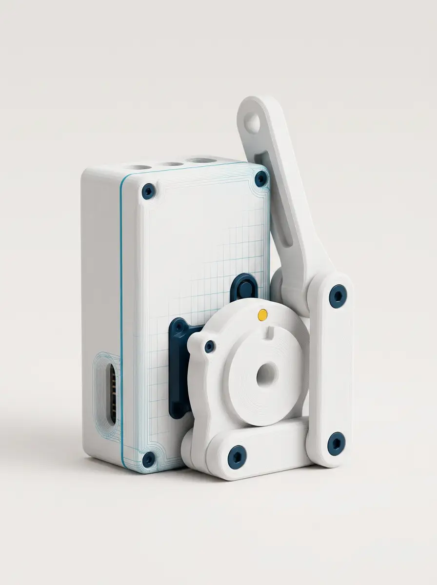 Conceptual illustration of three FDM-printed engineering prototypes, including a cyan CAD wireframe transition.