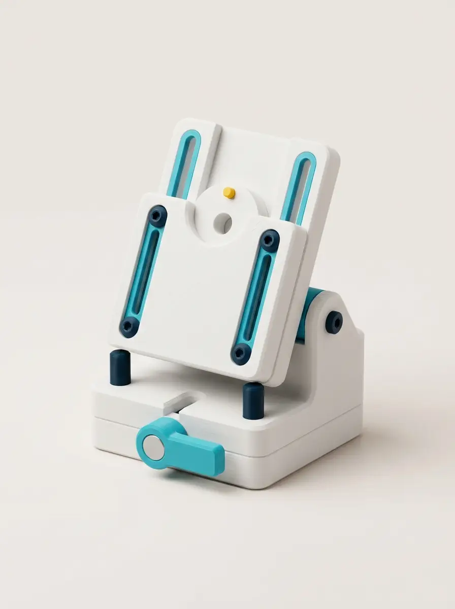 Conceptual illustration of a compact 3D-printed positioning jig and adjustable holder.